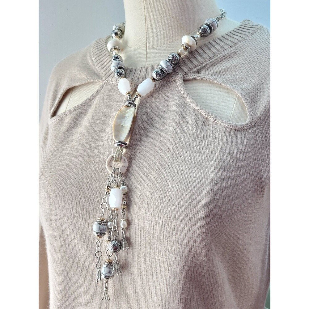 Signed Chico's Mother of Pearl Silver Tone Lariat Fringe Festoon 22" Necklace